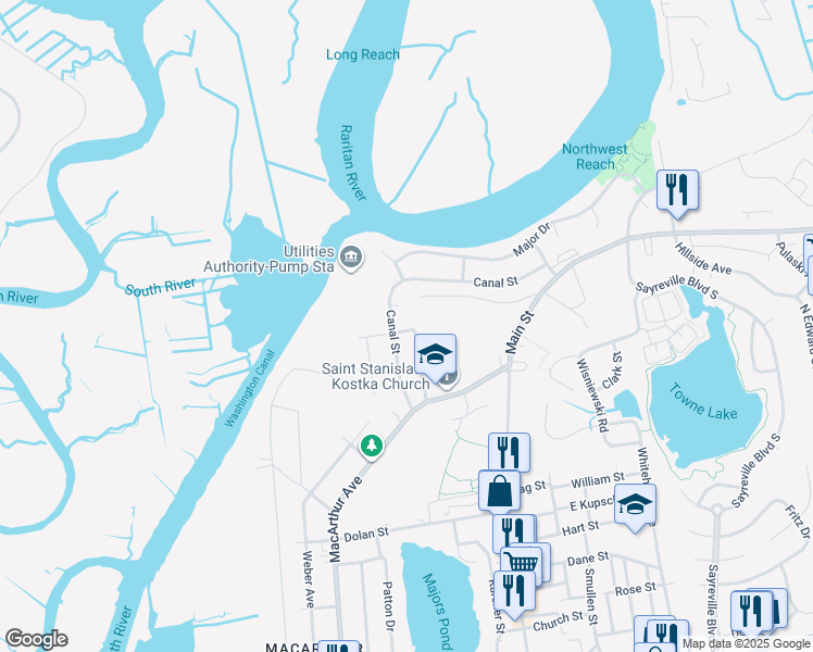 map of restaurants, bars, coffee shops, grocery stores, and more near 42 Hinton Street in Sayreville