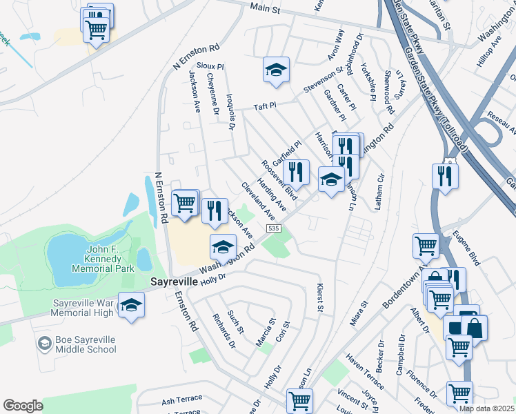 map of restaurants, bars, coffee shops, grocery stores, and more near 43-45 Cleveland Avenue in Sayreville