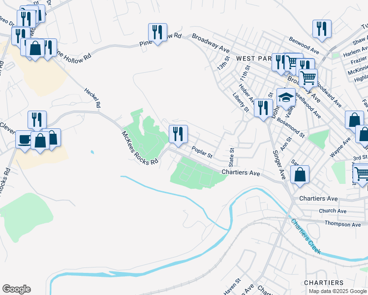 map of restaurants, bars, coffee shops, grocery stores, and more near 43 Poplar Street in McKees Rocks