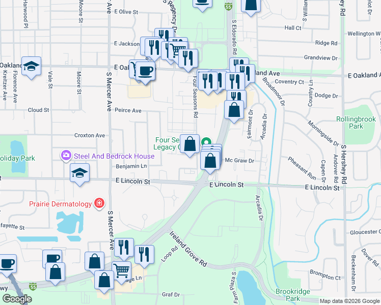 map of restaurants, bars, coffee shops, grocery stores, and more near 1 Willedrob Road in Bloomington