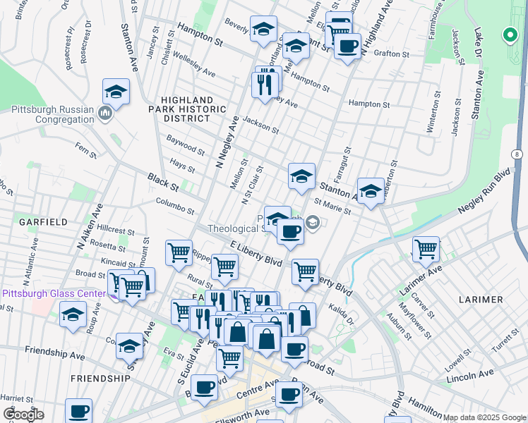 map of restaurants, bars, coffee shops, grocery stores, and more near 615 North Euclid Avenue in Pittsburgh