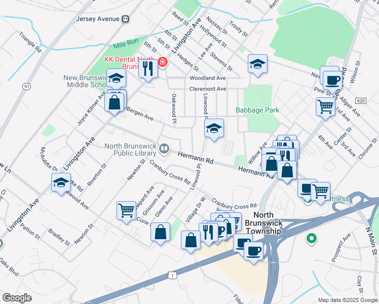 map of restaurants, bars, coffee shops, grocery stores, and more near 801 Hermann Road in North Brunswick Township