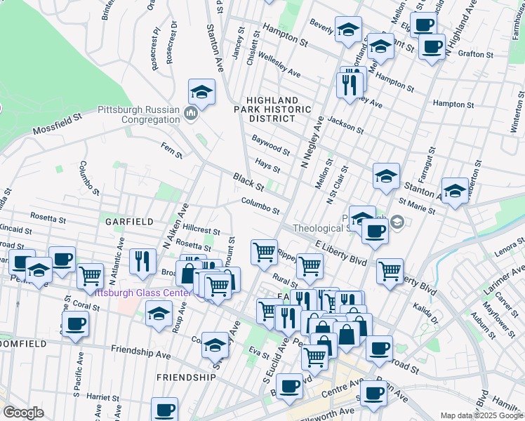 map of restaurants, bars, coffee shops, grocery stores, and more near 5547 Columbo Street in Pittsburgh