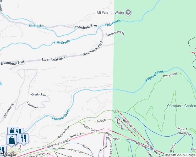 map of restaurants, bars, coffee shops, grocery stores, and more near 2915 Ridge Road in Steamboat Springs
