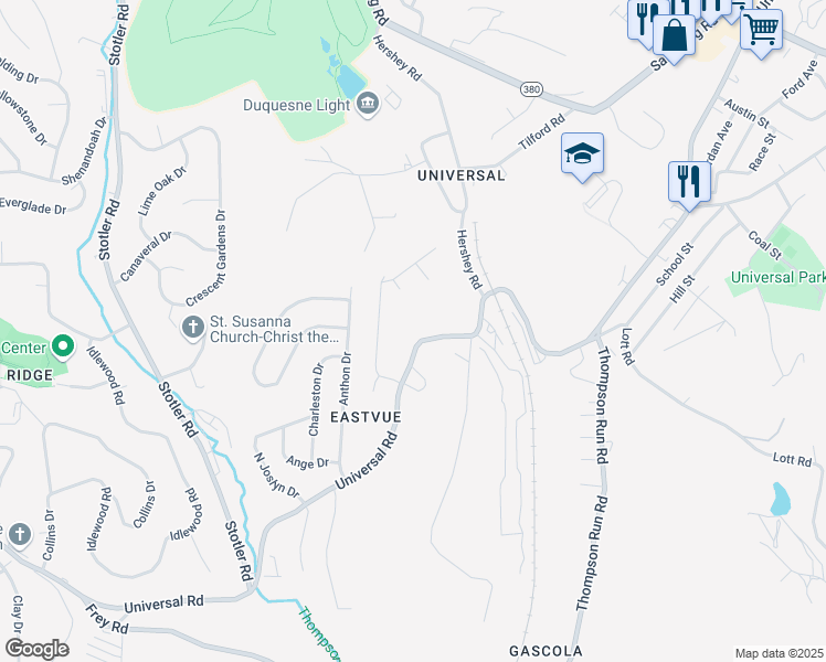 map of restaurants, bars, coffee shops, grocery stores, and more near 1801 Universal Road in Pittsburgh