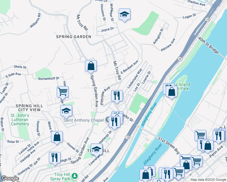 map of restaurants, bars, coffee shops, grocery stores, and more near 2 Luty Avenue in Pittsburgh