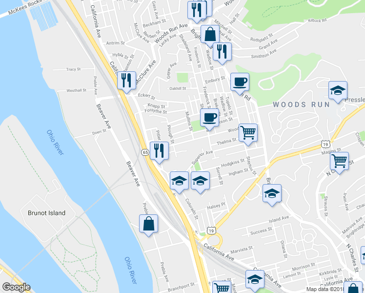 map of restaurants, bars, coffee shops, grocery stores, and more near 1423 Woodland Avenue in Pittsburgh
