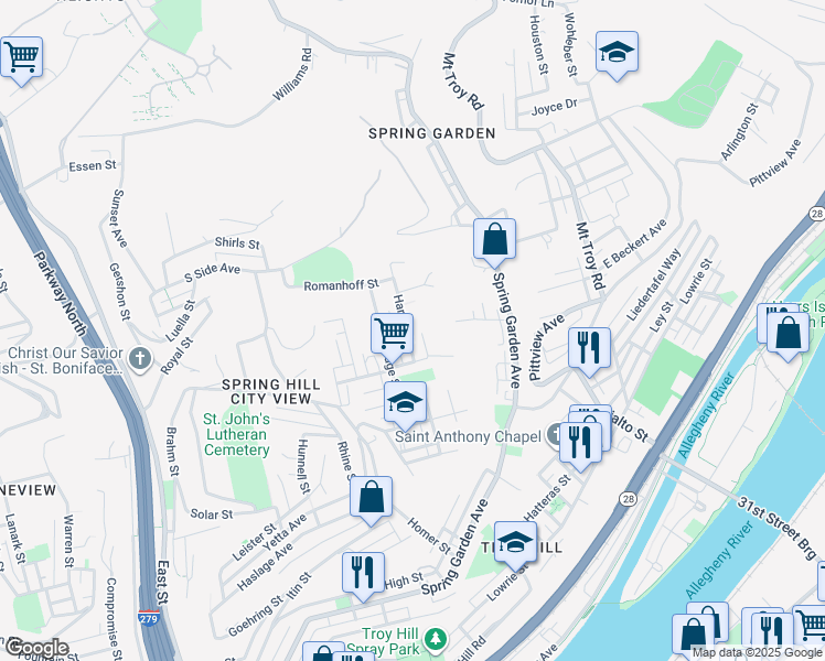 map of restaurants, bars, coffee shops, grocery stores, and more near 2130 Harbor Street in Pittsburgh