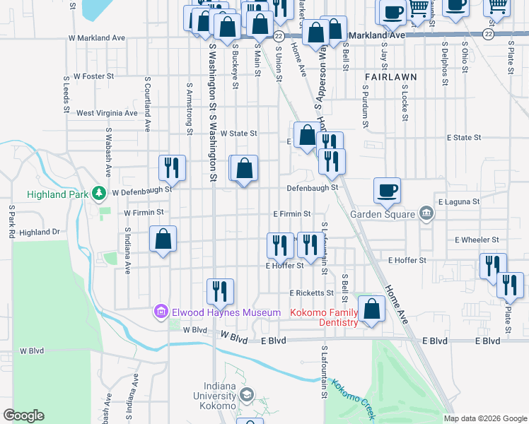 map of restaurants, bars, coffee shops, grocery stores, and more near 1530 South Main Street in Kokomo