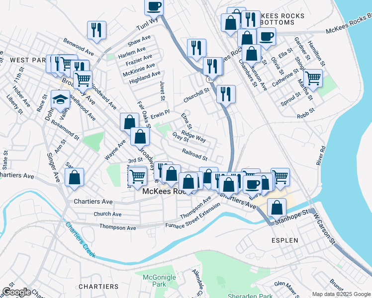 map of restaurants, bars, coffee shops, grocery stores, and more near 838 Railroad Street in McKees Rocks