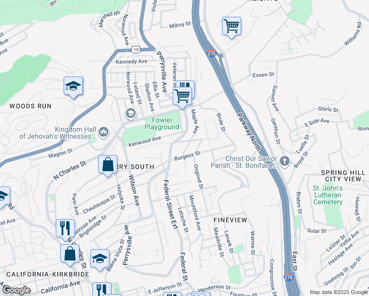 map of restaurants, bars, coffee shops, grocery stores, and more near 2419 Maple Avenue in Pittsburgh