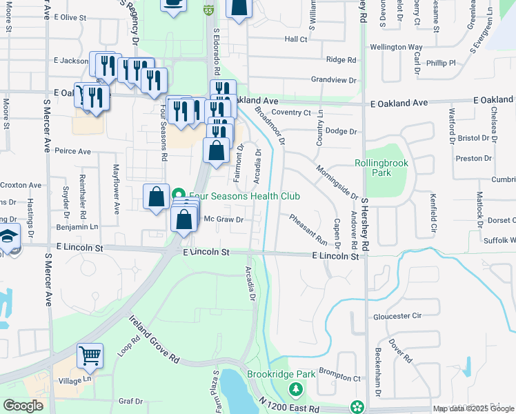 map of restaurants, bars, coffee shops, grocery stores, and more near 806 Arcadia Drive in Bloomington
