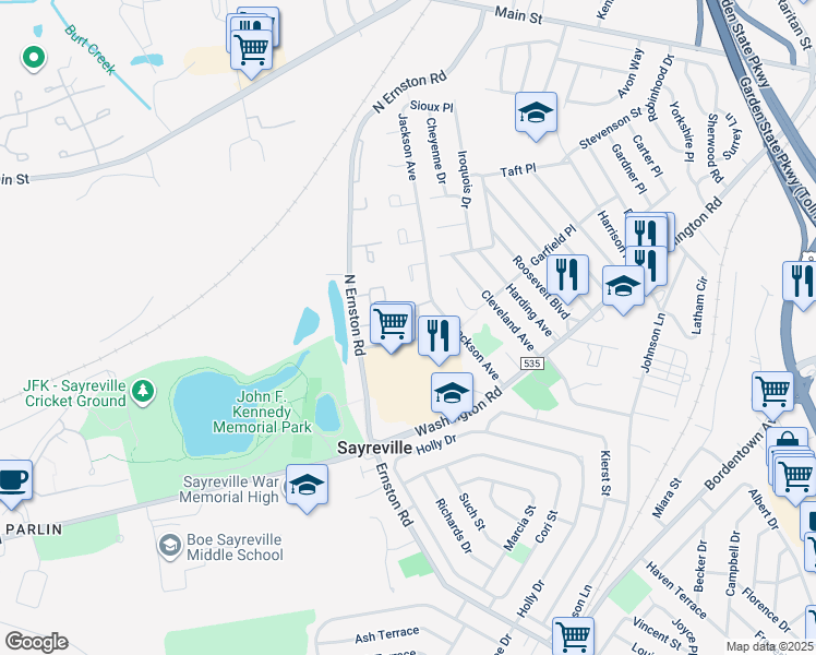 map of restaurants, bars, coffee shops, grocery stores, and more near 24 Farnham Square in Sayreville
