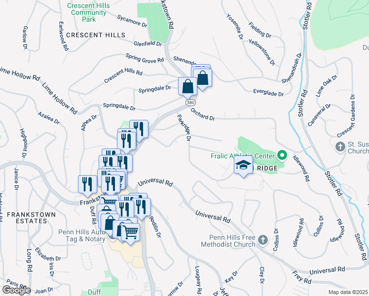 map of restaurants, bars, coffee shops, grocery stores, and more near 12014 Harvard Drive in Pittsburgh