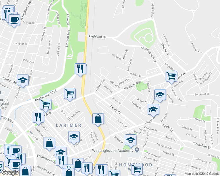 map of restaurants, bars, coffee shops, grocery stores, and more near 6428 Dean Street in Pittsburgh