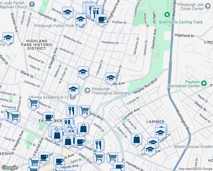 map of restaurants, bars, coffee shops, grocery stores, and more near 6109 Saint Marie Street in Pittsburgh