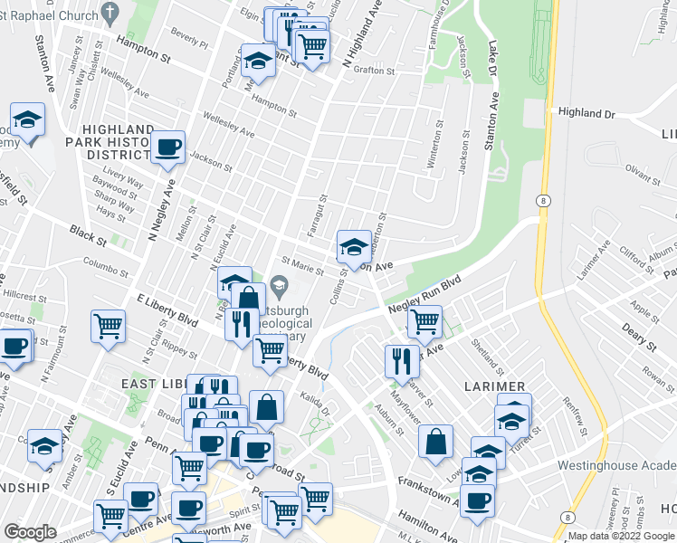map of restaurants, bars, coffee shops, grocery stores, and more near 6109 Saint Marie Street in Pittsburgh