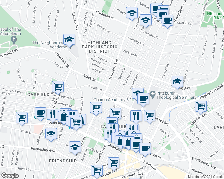 map of restaurants, bars, coffee shops, grocery stores, and more near 526 North Negley Avenue in Pittsburgh