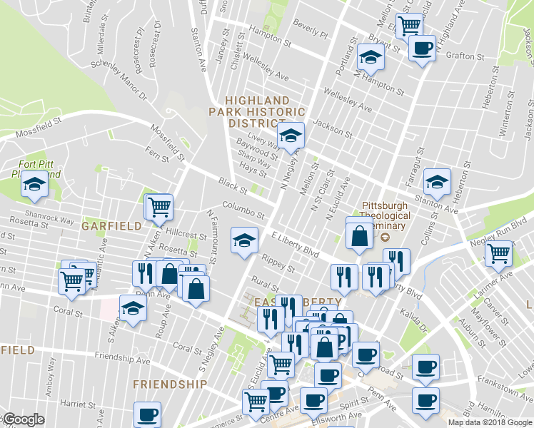 map of restaurants, bars, coffee shops, grocery stores, and more near 526 North Negley Avenue in Pittsburgh