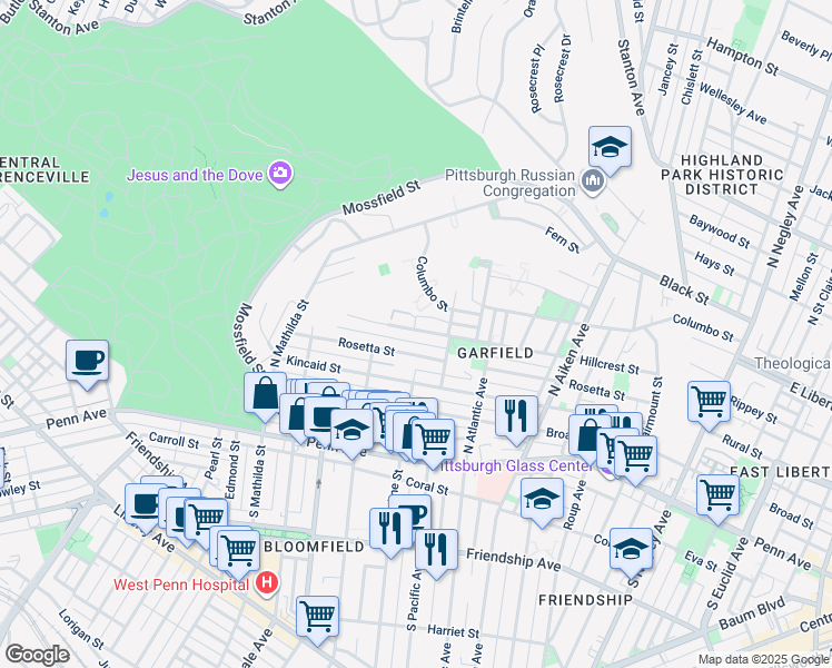 map of restaurants, bars, coffee shops, grocery stores, and more near 5124 Hillcrest Street in Pittsburgh