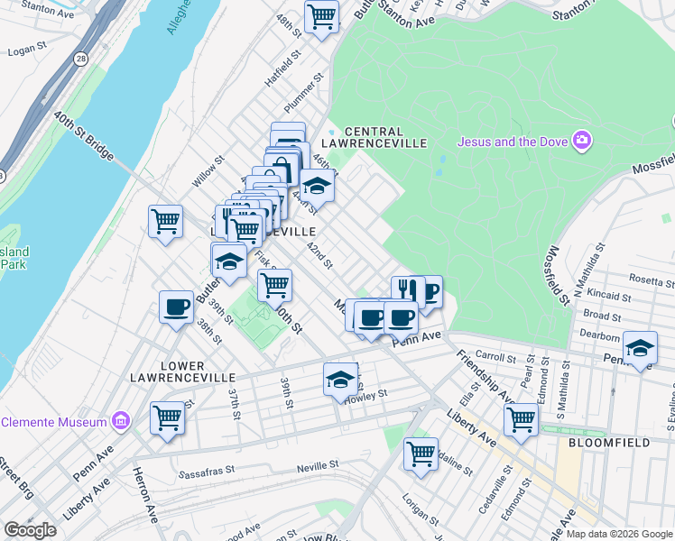 map of restaurants, bars, coffee shops, grocery stores, and more near 343 42nd Street in Pittsburgh
