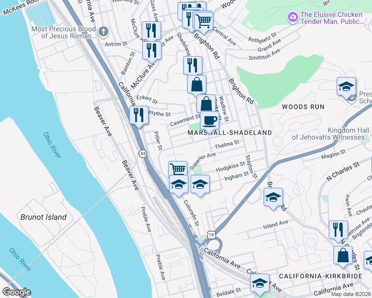 map of restaurants, bars, coffee shops, grocery stores, and more near 1423 Woodland Avenue in Pittsburgh