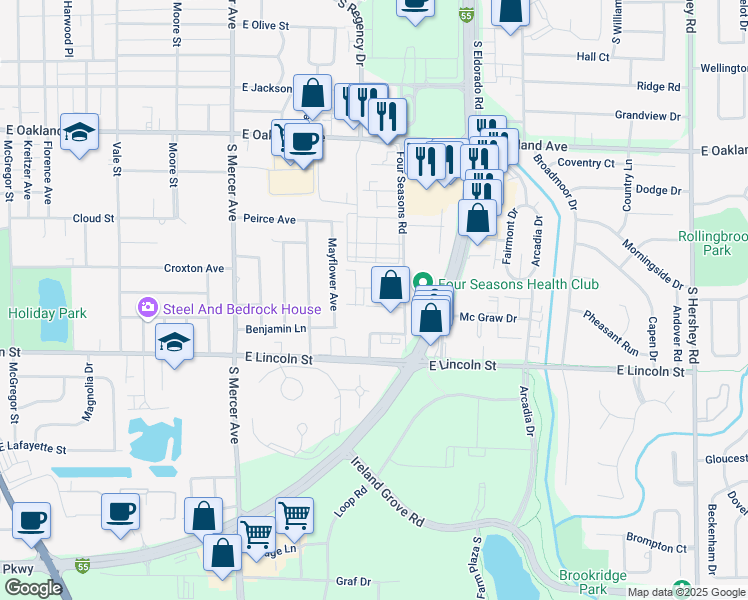 map of restaurants, bars, coffee shops, grocery stores, and more near 1 Willedrob Road in Bloomington