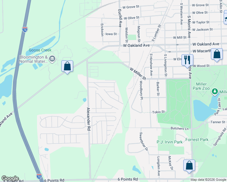 map of restaurants, bars, coffee shops, grocery stores, and more near 1-111 Snow Lane in Bloomington