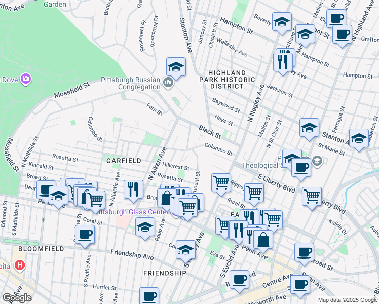 map of restaurants, bars, coffee shops, grocery stores, and more near 5456 Columbo Street in Pittsburgh