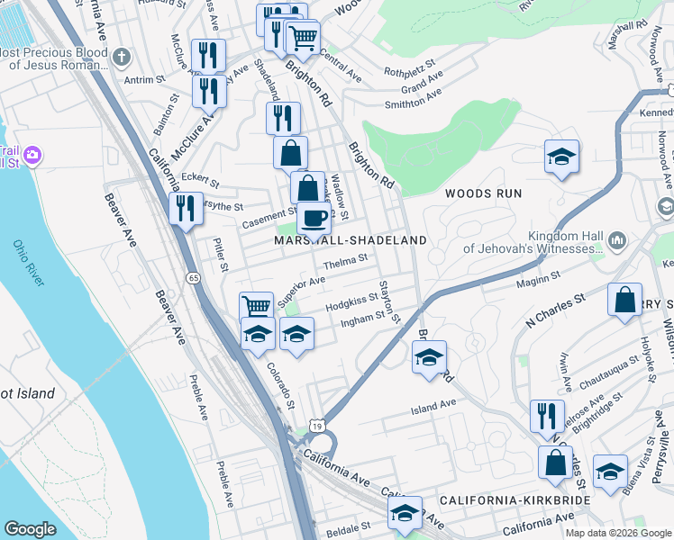 map of restaurants, bars, coffee shops, grocery stores, and more near 2703 Shadeland Avenue in Pittsburgh
