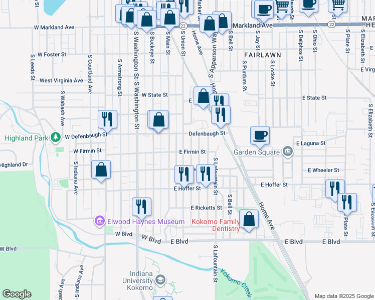 map of restaurants, bars, coffee shops, grocery stores, and more near 1530 South Union Street in Kokomo