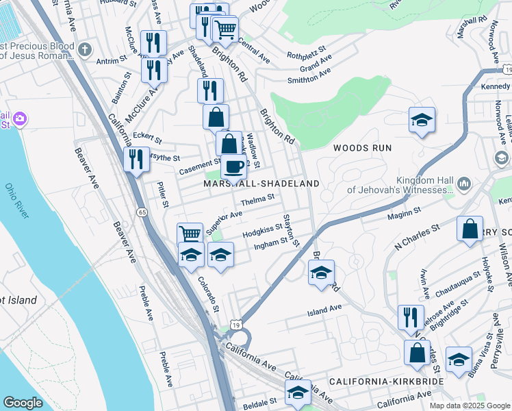 map of restaurants, bars, coffee shops, grocery stores, and more near 1224 Superior Avenue in Pittsburgh