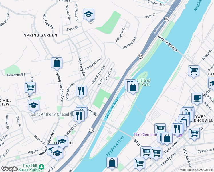 map of restaurants, bars, coffee shops, grocery stores, and more near 2100 Lautner Street in Pittsburgh