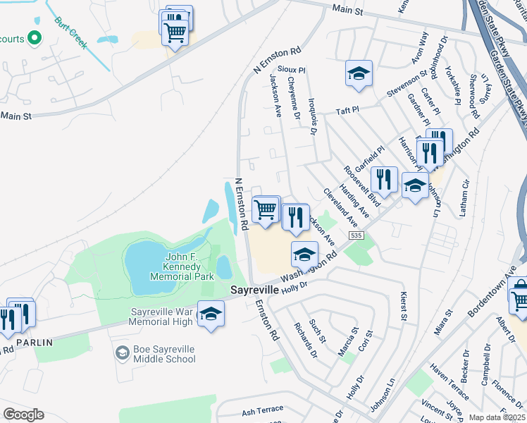 map of restaurants, bars, coffee shops, grocery stores, and more near 21 Farnham Square in Sayreville