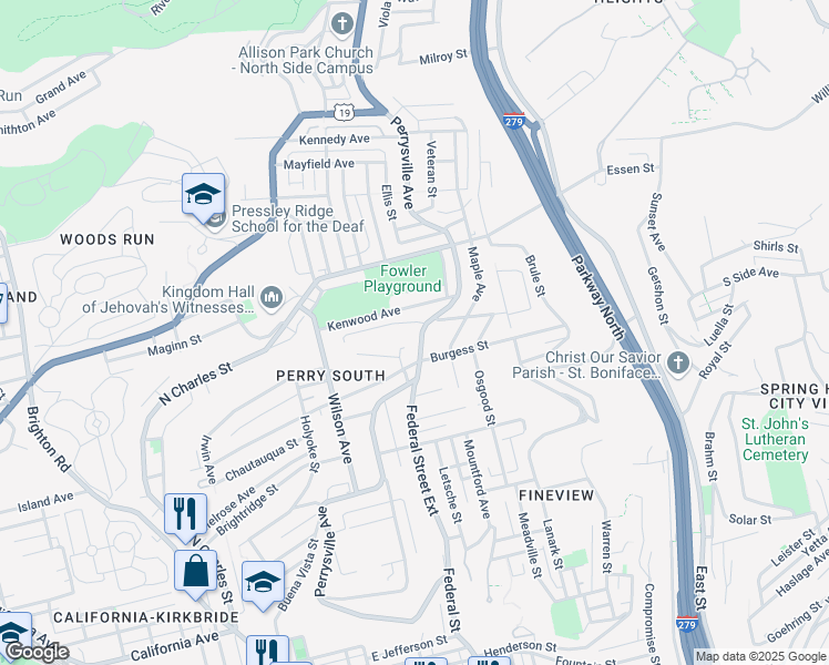 map of restaurants, bars, coffee shops, grocery stores, and more near 2435 Perrysville Avenue in Pittsburgh