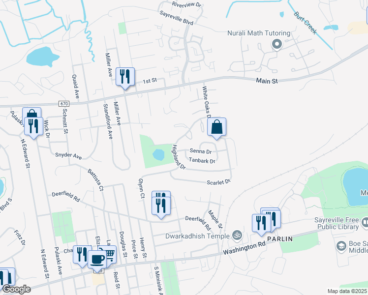 map of restaurants, bars, coffee shops, grocery stores, and more near 9 Senna Drive in Sayreville