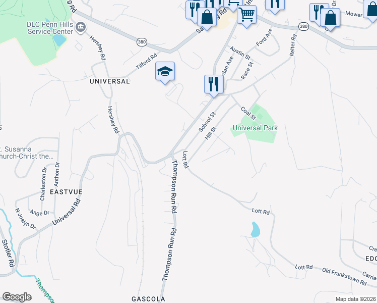 map of restaurants, bars, coffee shops, grocery stores, and more near 2330 School Street in Pittsburgh