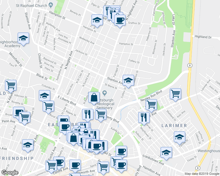map of restaurants, bars, coffee shops, grocery stores, and more near 6030 Saint Marie Street in Pittsburgh