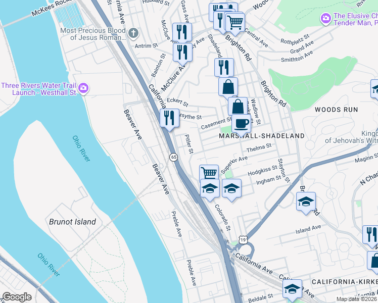 map of restaurants, bars, coffee shops, grocery stores, and more near 2709 Pitler Street in Pittsburgh