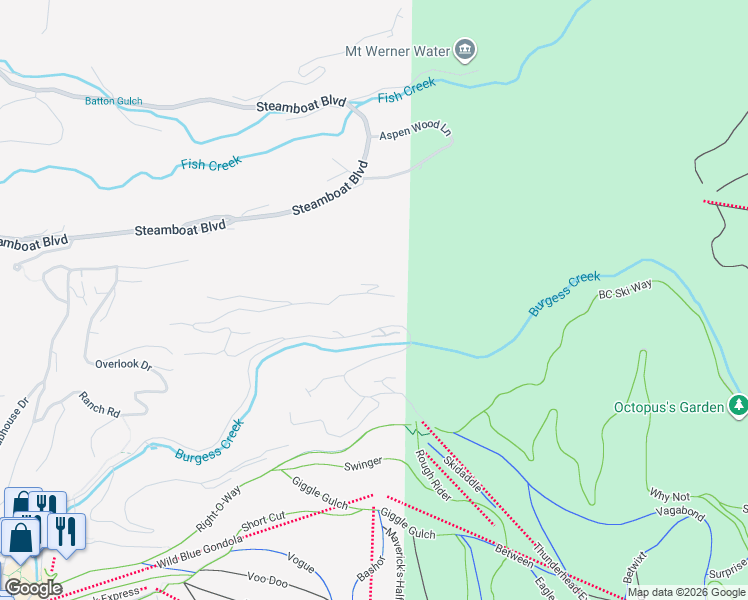 map of restaurants, bars, coffee shops, grocery stores, and more near 2975 Ridge Road in Steamboat Springs