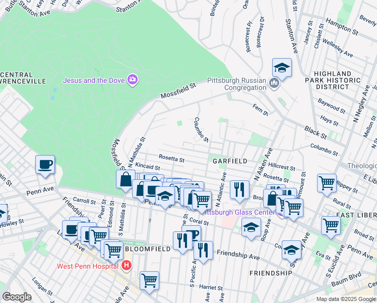 map of restaurants, bars, coffee shops, grocery stores, and more near 5124 Hillcrest Street in Pittsburgh