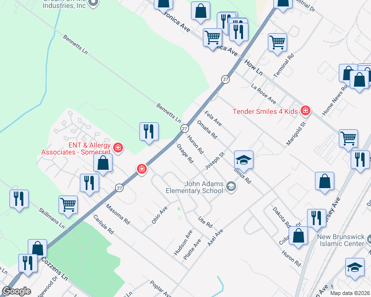 map of restaurants, bars, coffee shops, grocery stores, and more near 1477 Osage Road in North Brunswick Township