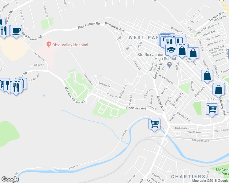 map of restaurants, bars, coffee shops, grocery stores, and more near 116 Clinton Street in McKees Rocks