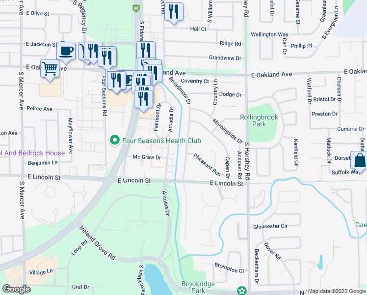 map of restaurants, bars, coffee shops, grocery stores, and more near 1105 Broadmoor Drive in Bloomington
