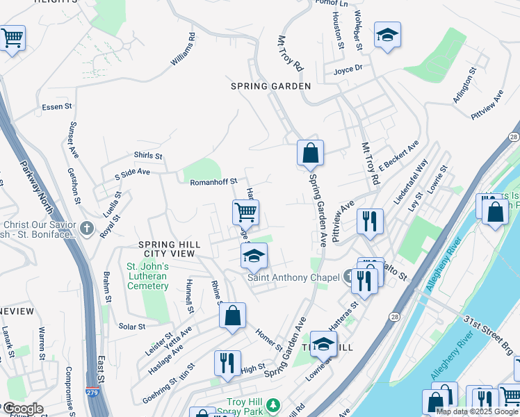 map of restaurants, bars, coffee shops, grocery stores, and more near 2130 Harbor Street in Pittsburgh