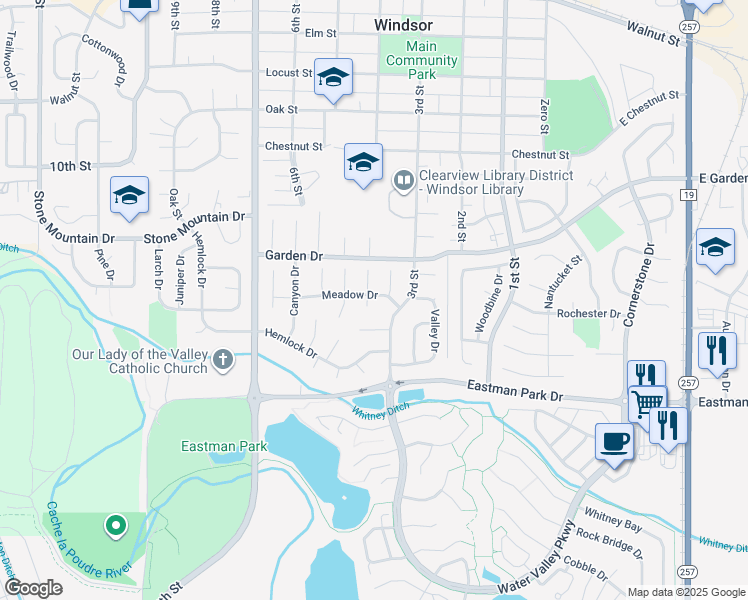 map of restaurants, bars, coffee shops, grocery stores, and more near 1101 Glacier Court in Windsor