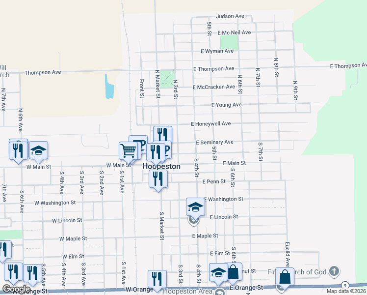 map of restaurants, bars, coffee shops, grocery stores, and more near 401-499 East Seminary Avenue in Hoopeston