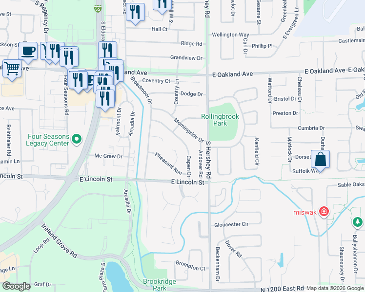 map of restaurants, bars, coffee shops, grocery stores, and more near 2909 Capen Drive in Bloomington