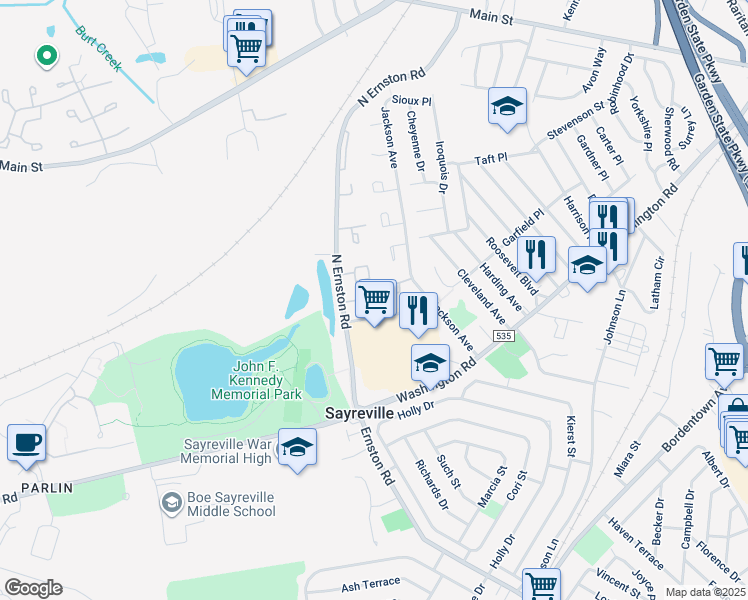 map of restaurants, bars, coffee shops, grocery stores, and more near 24 Farnham Square in Sayreville