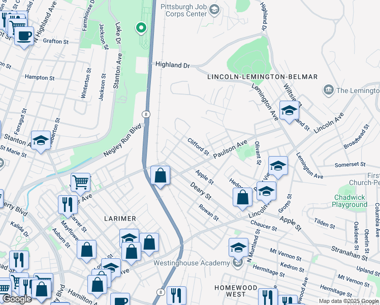 map of restaurants, bars, coffee shops, grocery stores, and more near 6428 Dean Street in Pittsburgh